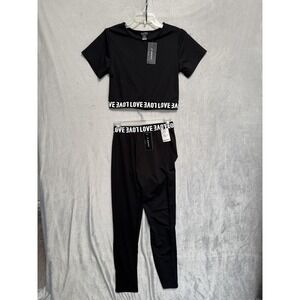 C-Mode Outfit Set Juniors L/XL Black Love Crop Top Track Leggings 2 Piece